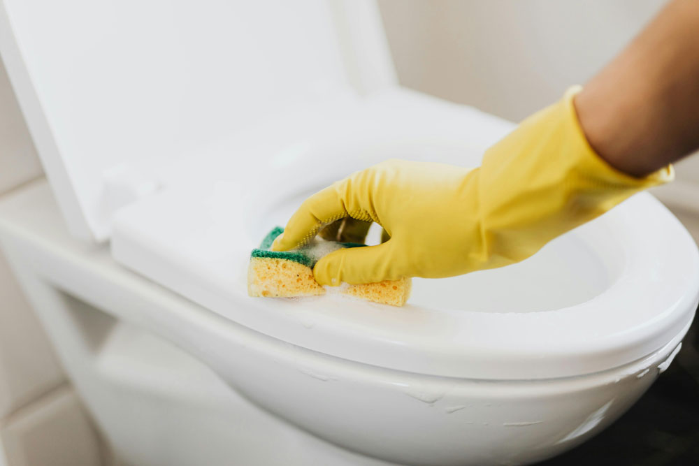cleaner with gloves scrubbing toilet seat